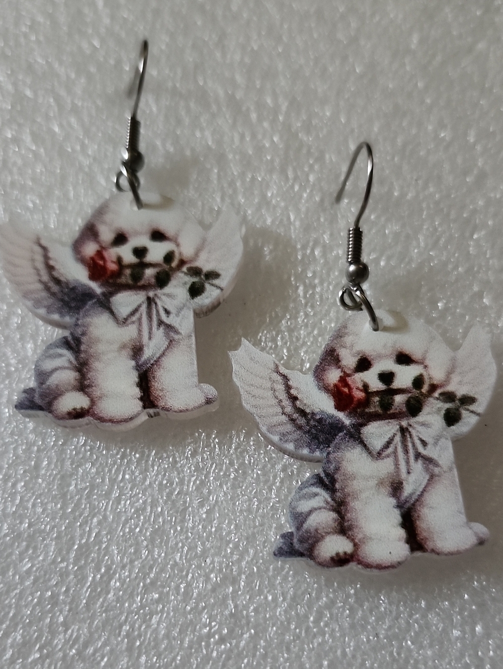 Hand Crafted White Angel Puppy Earrings with Pink and Green Accents